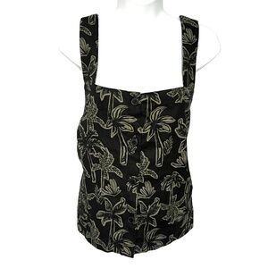 Joe Fresh Top Sleeveless Blouse XL Straps Dark Green Palm Trees Linen Cotton New